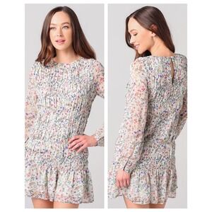 Storia Baby Doll Mini Dress Women Size M Floral Mint Smocked Ruffle Cottage